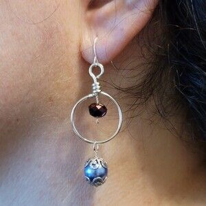 Handmade Silver Hoop Earrings with Purple Beads – Elegant Dangle Design